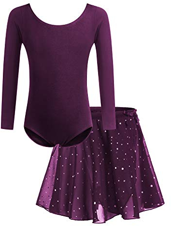 Bricnat Mädchen Ballettkleidung Kinder Ballettkleid Tanzbody Gymnastikanzug Balletttrikot Langarm Tanzkleid mit Tütü Kinder Baumwolle Lila 120