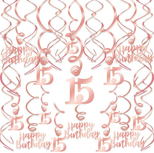HOWAF Rose Gold 15. Geburtstag Deko Mädchen, Rosegold Wirbel Hängedeko Mädchen 15. Geburtstag Deckenhänger Spiral Girlanden Luftschlangen Aufhängen