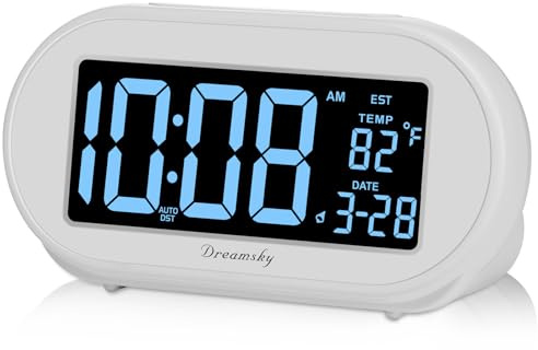 DreamSky Alarm Clocks for Bedrooms, Auto Set Digital Desk Clock for Bedside Nightstand, Electric Clock with Dimmable Brightness Dimmer, Auto DST, USB Port, Date, Temperature, Snooze