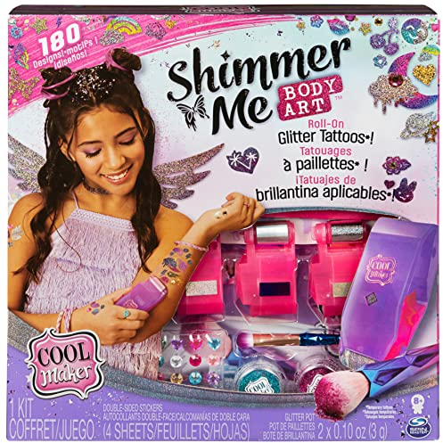 Cool MAKER - Shimmer ME Body Art - Kit de Tatuajes Temporales Niñas con Rodillo, 4 Películas de Efectos Metalizados y 180 Diseños - 6061176 - Juguetes Niñas 8 Años +