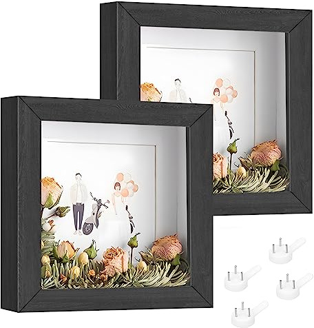 SIMDAO 2 Stück 3D Bilderrahmen 20 x 20 cm, Bilderrahmen Tief zum Befüllen mit Acrylplatte, 3 cm Innentiefe, Holz Shadow Box für Valentinstag Baby Hochzeitsandenken, Fotos, Blumen, Ticket