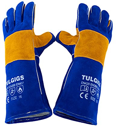 TULGIGS 16inch 932? Premium Leather Welding Gloves Gauntlets Extreme Heat and Abrasion Resistant BBQ Grilling Leather Welders Glove Mitts With Reinforced Thumb Strap(Blue),Large(Pack of 2)