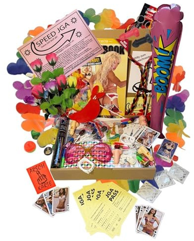jameitop® Bauchladen (Inhalt) Starter Set + JGA Spiel mit 18 lustigen Aufgaben + 80 Teile JGA Edition Junggesellenabschied Inhalt