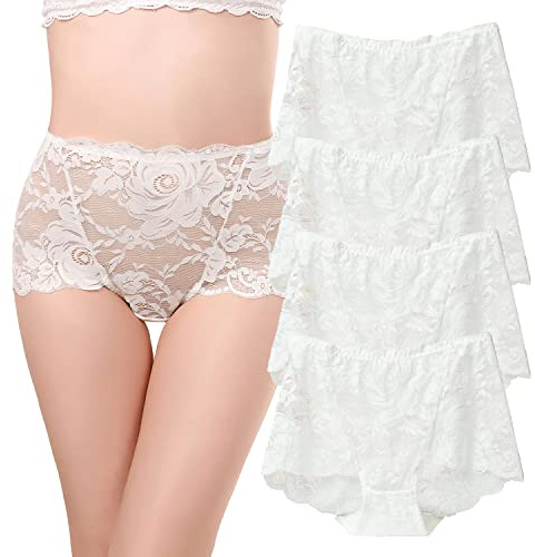 KE206739 Lot de 4 culottes taille haute en dentelle ultra fine pour femme, blanc, L