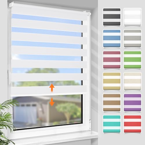 SBARTAR Doppelrollo schnurlos Klemmfix Rollos für Fenster ohne Bohren & zum Bohren, Weiß B110 x H120 cm, Drücken Und Ziehen Springrollos, Lichtdurchlässig Aber Blickdicht Mittelzugrollo