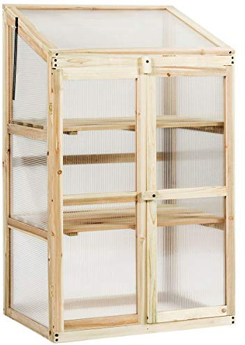 TANGZON 3-Tier Wooden Greenhouse, Mini Transparent Polycarbonate Glazing Cold Frame with 2 Doors and Top Cover, Outdoor Plants Flowers Herbs Vegetables Grow House for Garden Patio Courtyard