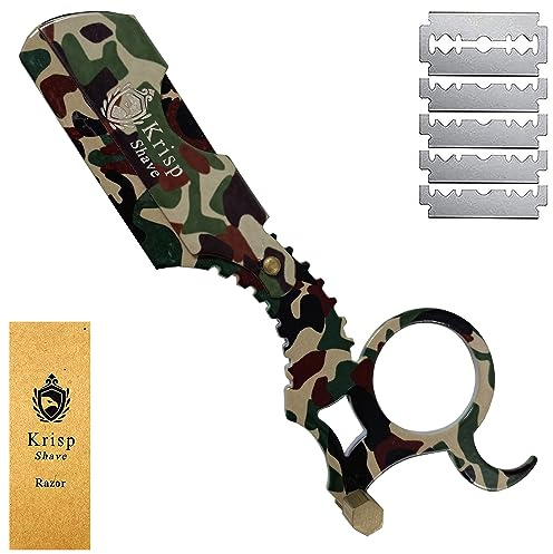 Straight Razor with 10 Shaving Blades Razors for Men - Professional Barber Straight Edge Razor for Close Shaving Cut Throat Shavette Men Beard Shave Manual Blade Holder By Krisp Beauty Green Camo