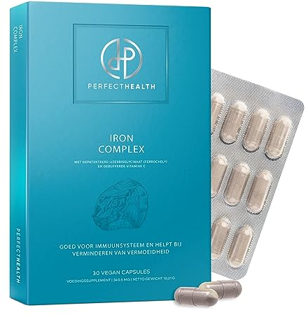 Perfect Health - Eisen Bisglycinat 100mg Kapseln - Müdigkeit Bekämpfung - Puffertes Vitamin C - Hohe Aufnahme - Vegan - Für Energie, Immunfunktion & Blutzellen - 30 Kapseln