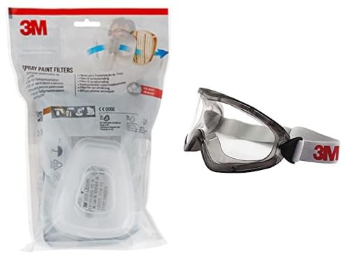 3M 6002 CR Ersatzfilter für Farbspritzarbeiten 6002CR – 1 Filter mit Doppel-Atemventil & 2890SA Vollsichtbrille, 2890er Serie, AF, UV, A, ohne Belüftungsschlitze (gasdicht), Klar