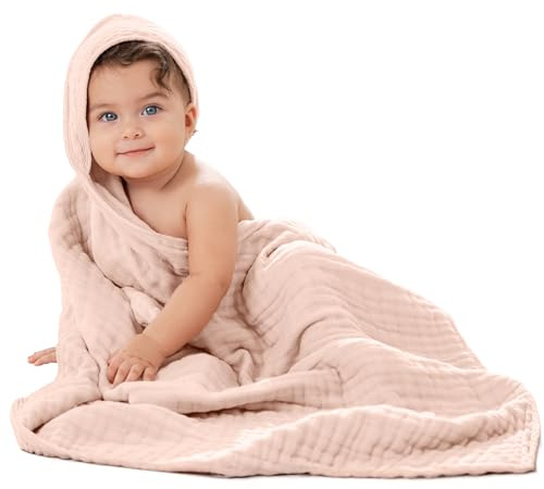 Comfy Cubs Baby-Kapuzenhandtuch aus 9-lagigem Musselin-Baumwolle, groß (32 x 32), ultraweich, warm und saugfähig. Niedlicher Unisex-Bezug für Mädchen und Jungen (1 Stück, Blush)