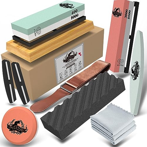 Abziehsteine Schleifstein Set für Messer - Professionell Wetzstein 4 Seite 400/1000 3000/8000 Körnung Messerschärfer mit Rutschfeste Basis Abflachstein Messerschleifer (14 Stücke)