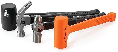 Titan 4-Piece 16oz Hammer Set: Claw, Rubber Mallet, Dead Blow, Ball Peen Hammers - 16oz Each, Orange, Non-Slip Rubber Grip