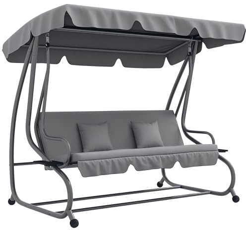 Outsunny Balancín de Jardín Exterior de 3 Plazas 200x120x164 cm Gris Claro | Columpio de Jardín Exterior, Convertible en Cama 2 en 1, Toldo Ajustable, Soportes Laterales, 2 Almohadas, Carga 340 kg