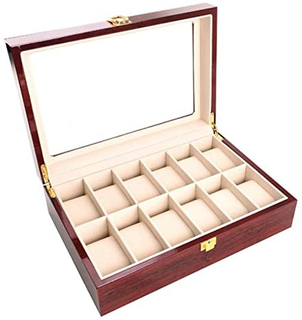 Uhrenkoffer Uhrenrolle Uhrenbox Uhrenschatulle Uhren-Display-Organizer Mit 12 Fächern, Uhrenbox-Halter, Transparente Oberseite, Schmuck-Display, Aufbewahrungs-Organizer, Gehäuse, Burgund Uhrenetui Uhr