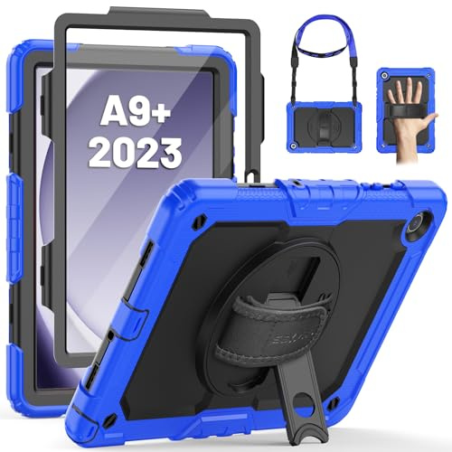 SEYMAC Case for Samsung Galaxy Tab A9 Plus 11 inch 2023 with Stand, Blue | Shockproof Protective Galaxy A9+ Tablet Case With Screen Protector/Hand Strap/Rotating Stand, SM-X210/SM-X216/SM-X218