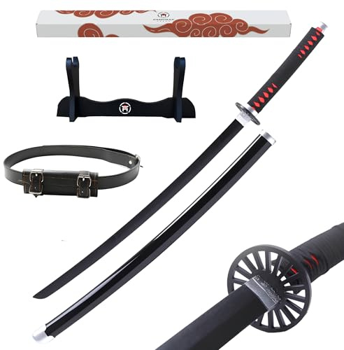 Hashiman Katana Demon replika manga sabel + svärdstativ trä + bälte - japansk catana cosplay dekoration leksak barn vuxen - Ninja deco utklädningsspel (Tanjiro Kamado)