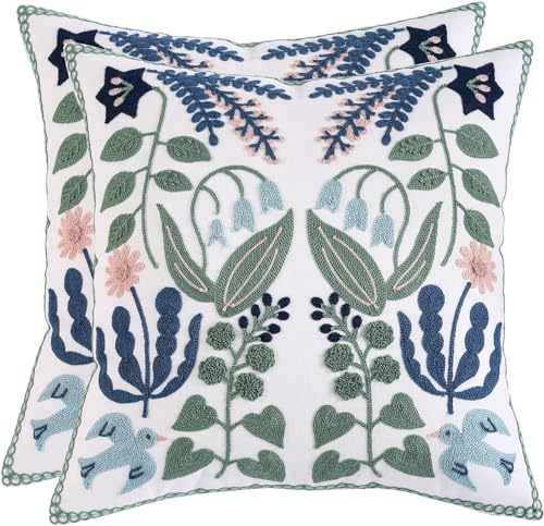Tosleo Fundas de almohada bordadas de 16 x 16 paquetes de 2 hojas verdes con borlas florales de pájaros, fundas de almohada con borlas, decoración de primavera, verano, cojín costero, funda de