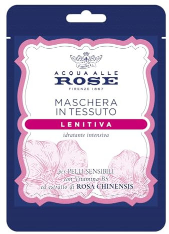 Acqua alle Rose, Maschera Viso in Tessuto Lenitiva Idratante Intensiva con Estratto di Rosa Chinensis, Ideale per le Pelli Sensibili o Secche, con Vitamina B5 Lenitiva, Nutre e Reidrata, Monouso 1 pz