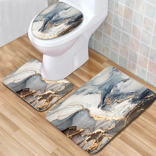 Badvorleger Set Marmor goldene Textur Badgarnitur 3 Teilig, Bodenvorleger U-förmiger WC-Vorleger WC-Deckelbezug, rutschfest, Waschbar für Badewanne, Dusche, Badezimmer