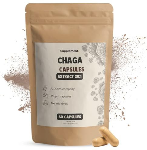 Cupplement Chaga-Extrakt Kapseln 400 mg 60 Capsules - Paddenstoel Pilz – 20% Beta-Glucan – 30% Polysaccharide – Immunsystem – Vegan – Ohne Zusatzstoffe – Laborgeprüft – 60 Tage Vorrat pro Beutel