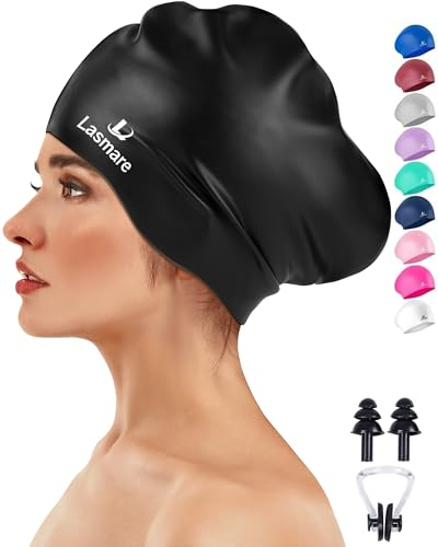 Große Langes Haar Badekappe mit Extra Platz für Damen Herren, Bademütze für Langes, Dickes Haar mit Ohrstöpseln, Nasenklammer Set, wasserdichte Badekappe Damen um das Haar trocken zu halten(Schwarz)