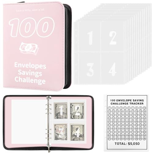 Geld Sparen Challenge Mit Reißverschluss - 100 Briefumschläge A5 Budget Planner Geldsparung Geldordner Organizer Geldsparmappe 100 Days Saving, für Money Organizer Buch-Rosa