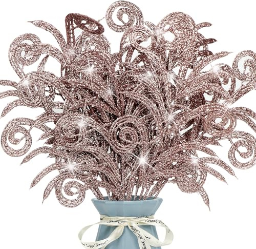 12 Pcs Glitter Christmas Leaves, Artificial Leaf Spray Picks Christmas Foliage Tree Filler Branches Wreath Decor for DIY Wreath Wedding Table Centerpiece Decorations (Rose Gold)