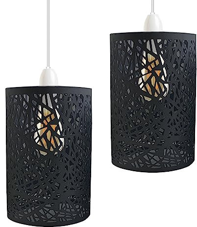 LEDSone 2 Pack of Pendant Light Shade Metal Drum Shaped Lampshade Industrial Easy fit Ceiling Indoor Wire cage Lampshade for Kitchen Living Room Corridor (Black)