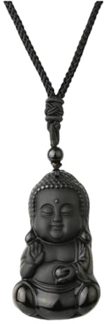 Generisch - Obsidian-Buddha-Statue Stein-Halskette, Schwarz, 64 cm, Poliert, Naturstein, Unisex, Erwachsene, Kette, Asiatische, Obsidian, Chakra-Kristallhalskette