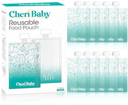 CheriBaby Wiederverwendbare Babynahrungsbeutel für Kleinkinder, BPA-freier Kunststoff, lebensmittelecht, gefriergeeignet, nachfüllbarer Quetschbeutel für Apfelmus, Joghurt und Püree, auslaufsicherer