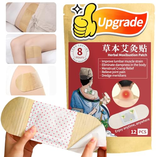 Wanhua Hall Hot Moxibustion Patches 12PCS Self-Heating Mugwort Patch Pain Relief Natural Herb Moxa Heat Pads for Neck, Waist, Shoulder,Hand,Feet, Back, Joint 艾灸贴 艾草贴