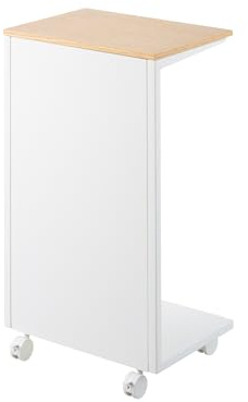 YAMAZAKI 1415 Tower Halbgeschlossener Beistelltisch mit Rollen und Holzablage, weiß, Stahl/Holz/Nylon, minimalistisch, 31 x 22 x 55 cm (L x B x H)