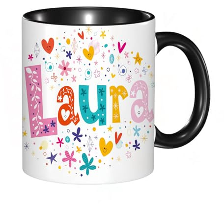 EKLMPS Tazas de Café,Taza de Cerámica para Té y Café,330ml/11oz,Regalos original,Aniversarios,nupical,desayuno,Románticos,Diseño de letras decorativas con el nombre de niña Laura