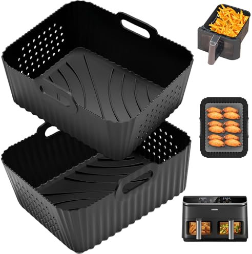 HAUXEL Silicone Air Fryer Liners for Ninja Double Stack Air Fryer XL SL400UK 9.5L, Compatible with COSORI Dual Air Fryer 8.5L, 2pcs Reusable Air Fryer Accessories, Black
