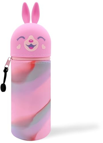 QRKPVHD 2-in-1 Weiche Silikontasche - Kawaii Federmäppchen, Stand Up Federmäppchen, Tier Stifthalter, Stifthalter Bleistifttasche Mädchen Junge, Rosa Kaninchen