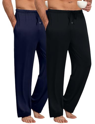 Ekouaer Schlafanzughose Herren Lang Pyjamahose Lange Schlafhose für Männer Nachtwäsche Haushose Freizeithose mit Taschen,schwarz+blau,XXL