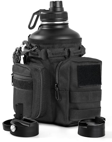 banloga 64 Oz Black Tactical Water Bottle with 3 Lids, Molle Holder | Half Gallon Water Bottle with Straw, Water Jug with Holder, Stainless Steel Sport Bottle with 3 BPA Free Lids for Gym Workout