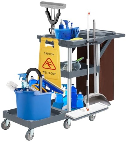 Commercial Traditional Janitorial 3-Shelf Cleaning Cart, Janitorial Carts on Wheels with Cover and Vinyl Bag, Custodial Cart, Housekeeping Carts for Hotels, Stores, Schools, and Business