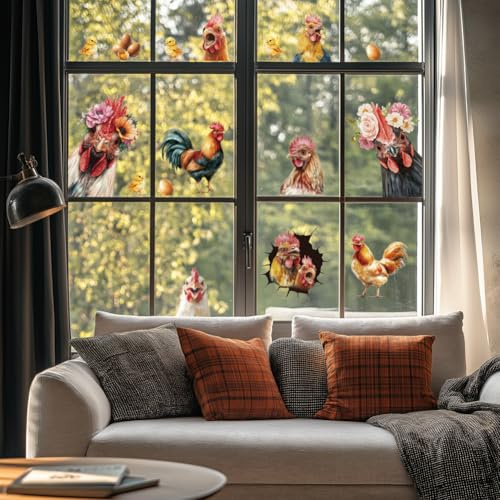 ANATTASOUL Huhn und Eier Fensterbilder for Frühling Sommer | Doppelseitig Blickdichter Badezimmer Fensterbilder Kinderzimmer Wiederverwendbare Fensterbilder Frühling for Winter Herbst