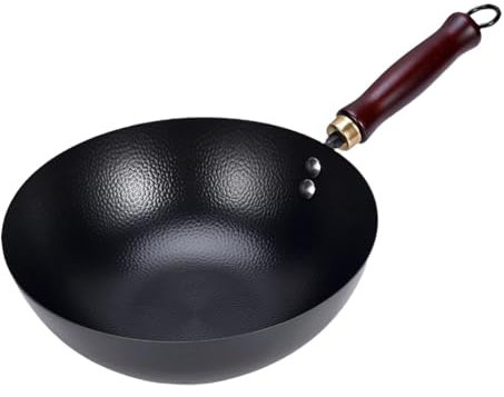 MagiDeal Sartén Wok de Hierro Antiadherente Sin Revestimiento, con Mango de Madera, Resistente a La Corrosión, Apta para Todo Tipo de Estufas, de 9,45 Pulgadas, Sin Tapa