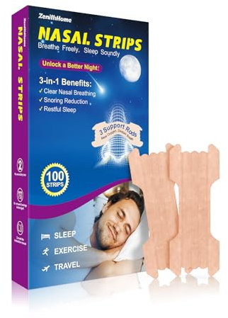 ZenithHome Nasal Strips, 100 PCS Nose Strips Anti Snoring Devices, New Upgraded 3 Supports Rods Nose Tape, Help Reduce Snoring, Relieve Nasal Congestion, Improve Breathing and Sleep