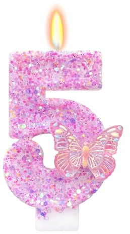 DazzJoy 3D Schmetterling Geburtstagskerze 5,Rosa Schmetterling Kerze 5 Geburtstag Mädchen,Glitzer Geburtstagskerzen Zahlen 5,Geburtstagskerzen für Kuchen,Geburtstagsdeko 5 Jahre Mädchen