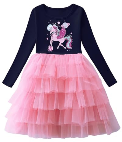 Baogaier Flickklänningar, bomull, barn, A-linje, långärmad, T-shirt, rund hals, festlig, casual, elegant, fritidsklänning, festklänning, prinsessklänning, barnkläder, 3–8 år, storlek 98–128, 104-110