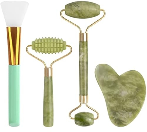 Gua Sha Gesichtsroller-Set, mit Jade-Roller und Gua-Sha-Stein und Maskenbürste, Gesichtsschönheit, Hautpflege, Massagezubehör, 4-teilig