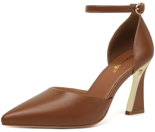 RIBONGZ Women's Brown Closed Pointed Toe Heels Ankle Strap High Pumps PU Elegant Strappy Stiletto Dress Shoes for Work Party Evening Casual Office 7.5