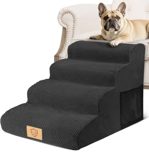 Thihome Escaliers pour Chiens à 4 Marches, AntidérapantEscaliers Chien en Mousse Haute Densité, Échelle Large pour Animaux de Compagnie, avec Housse Amovible pour Monter Canapé et Lit (Noir)