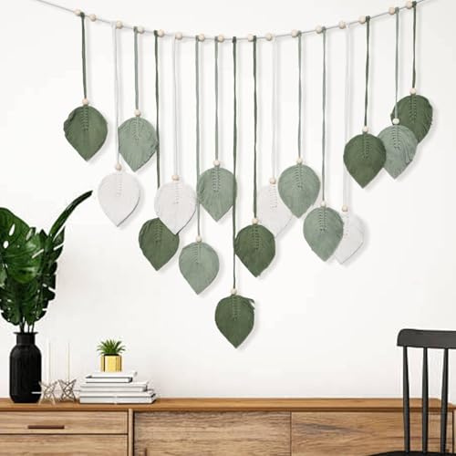 JUUDDENPARTS Macrame Wall Hanging with Large Leaves Tapestry, Green Boho Chic Wall Decor, Handmade Cotton Art for Bedroom, Living Room, 30 x 47.2 Inches