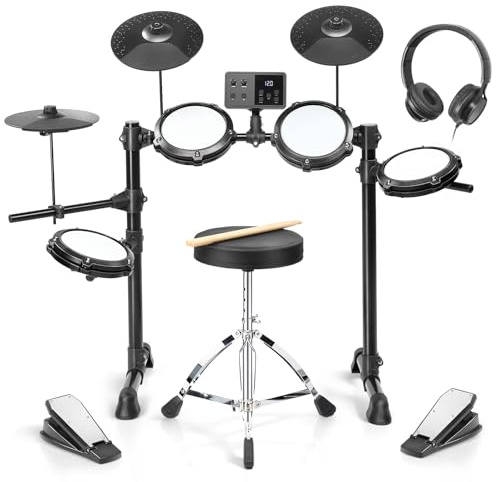 LEADZM E Schlagzeug Elektronisch für Anfänger mit Hocker, Drumsticks und Kopfhörer inklusive, Elektronisches Schlagzeug mit 15 Drum Kits, 150 Sounds, E-Drum Set mit Pedale