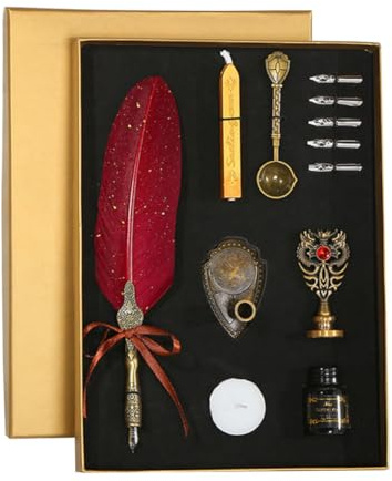 Joygoodta Federkiel, antikes Schreibset mit 5 Ersatzfedern, Tintenflasche, Wachssiegel, Stempel, roter Stift