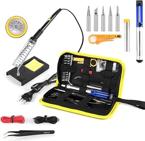 SQUADO Kit Saldatore a Stagno 15 in 1, 60W con Temperatura Regolabile 200℃-480℃, Interruttore ON/OFF, 5 Punte per Saldatore, per Manutenzione Domestica